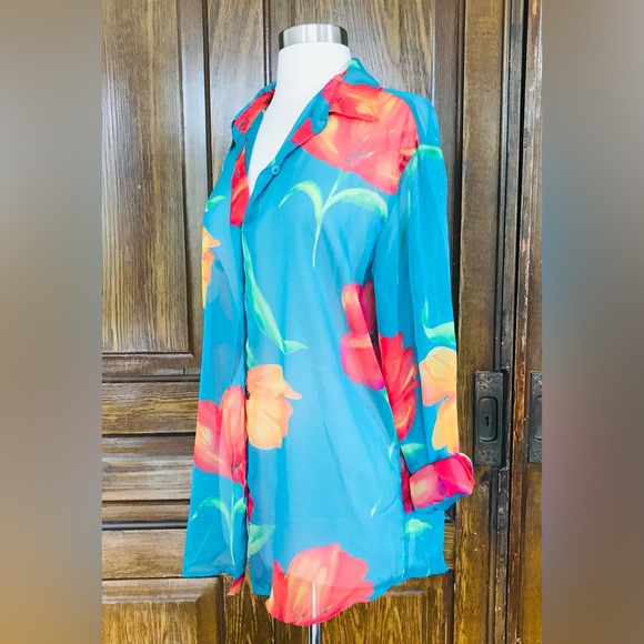 🌺 90s Bright SHEER TURQUOISE Hibiscus Floral Blouse, size Med Liz Claiborne - Picture 2 of 6